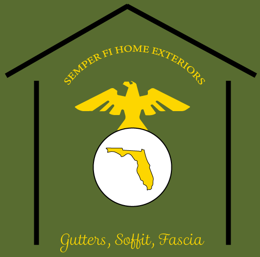 A stick house in a green background with the globe in the middle gaving the state of florida colored gold in the middle of the globe. A gold bald eagle with its wings spread. above the eagle it says Semper Fi Home Exteriors. below the globe it says Gutters, Soffit, Fascia.